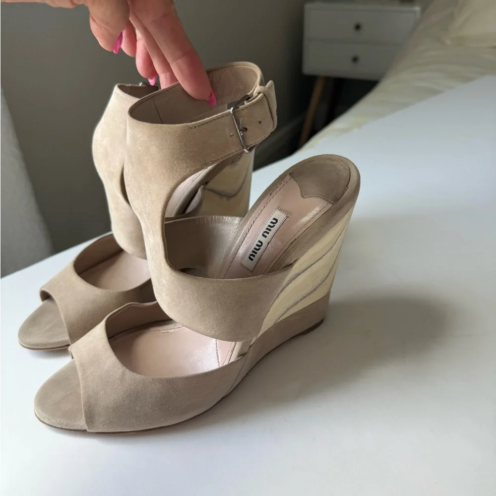 Miu Miu  Neutral Taupe Wedge Sandals
